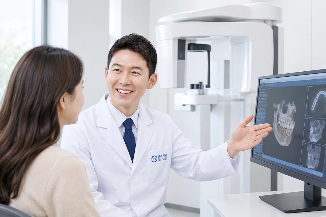 의료진이 3D CT 영상을 모니터로 보여주며 환자에게 설명하는 모습 (참고 이미지)
